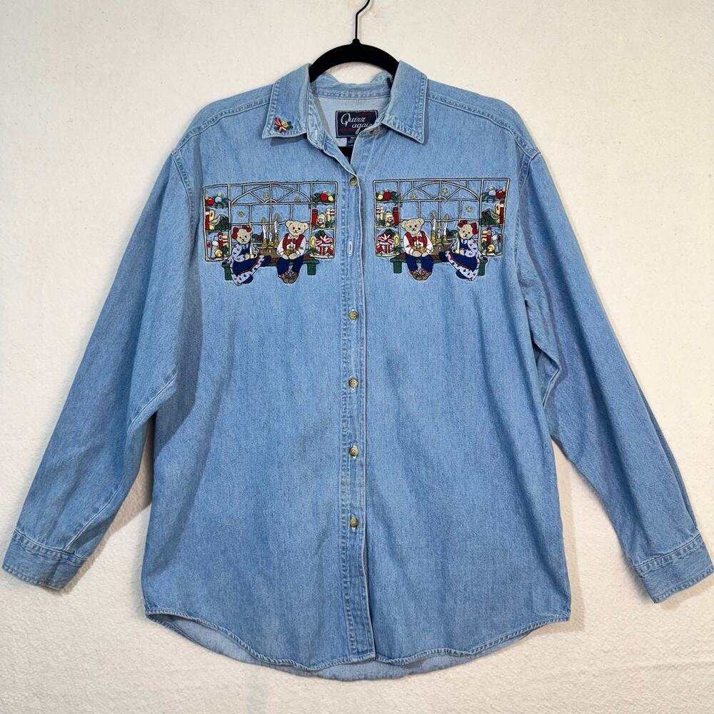 Quizz Again Embroidered Christmas Teddy Bears Long Sleeve Denim VTG Shirt Medium